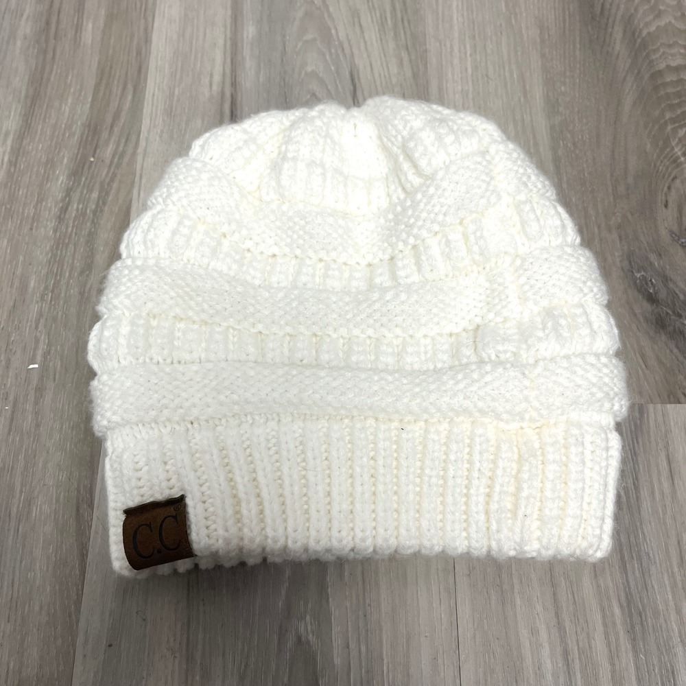 C.C White Cable Knit Beanie Hat in One Size